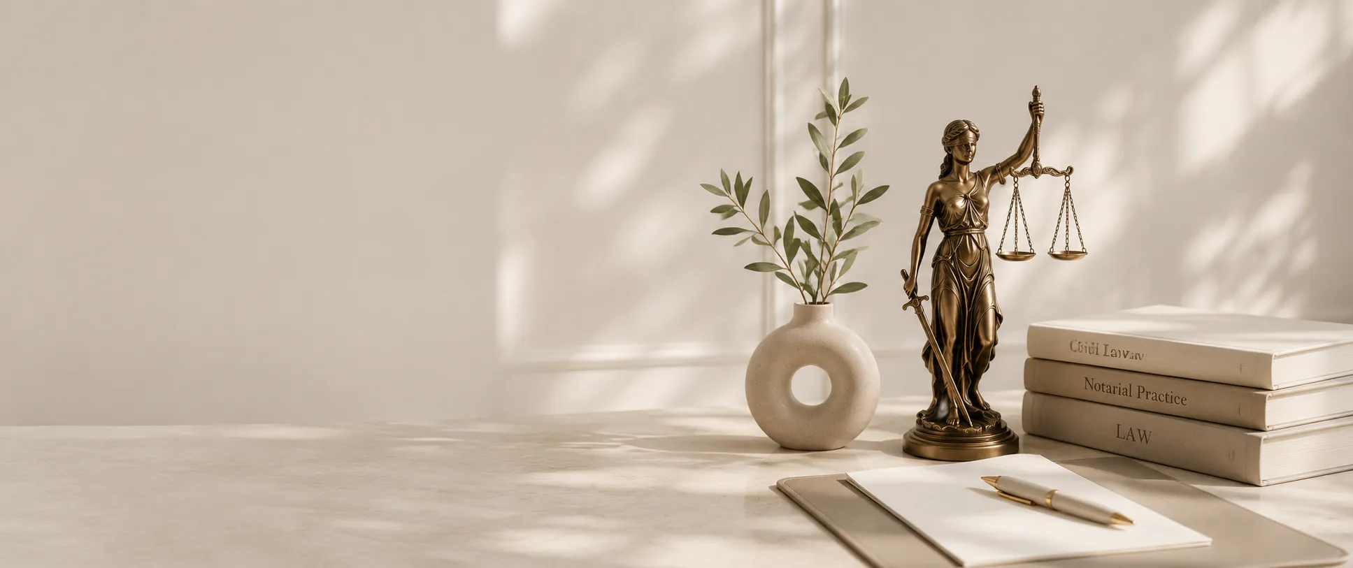 Lady Justice, books and an olive branch on a desk