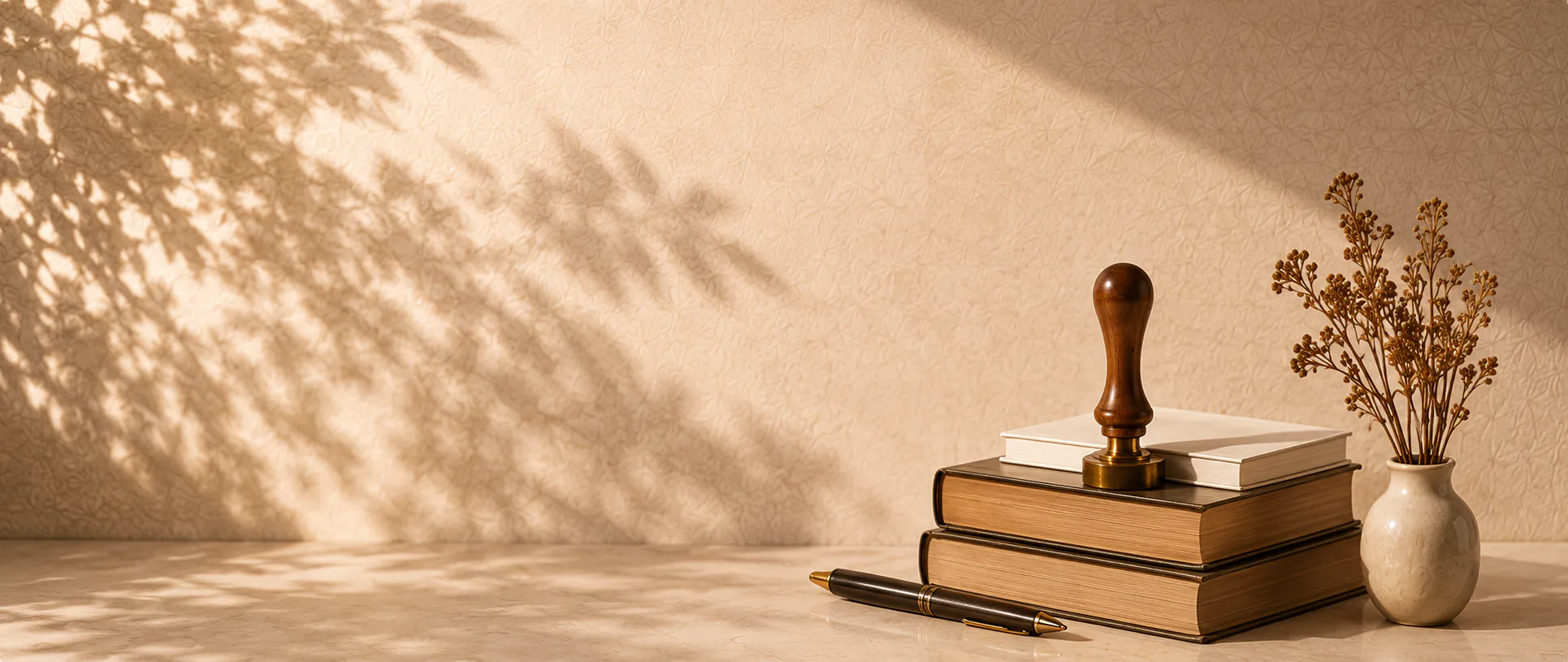 A notarial stamp, books and a pen on a desk