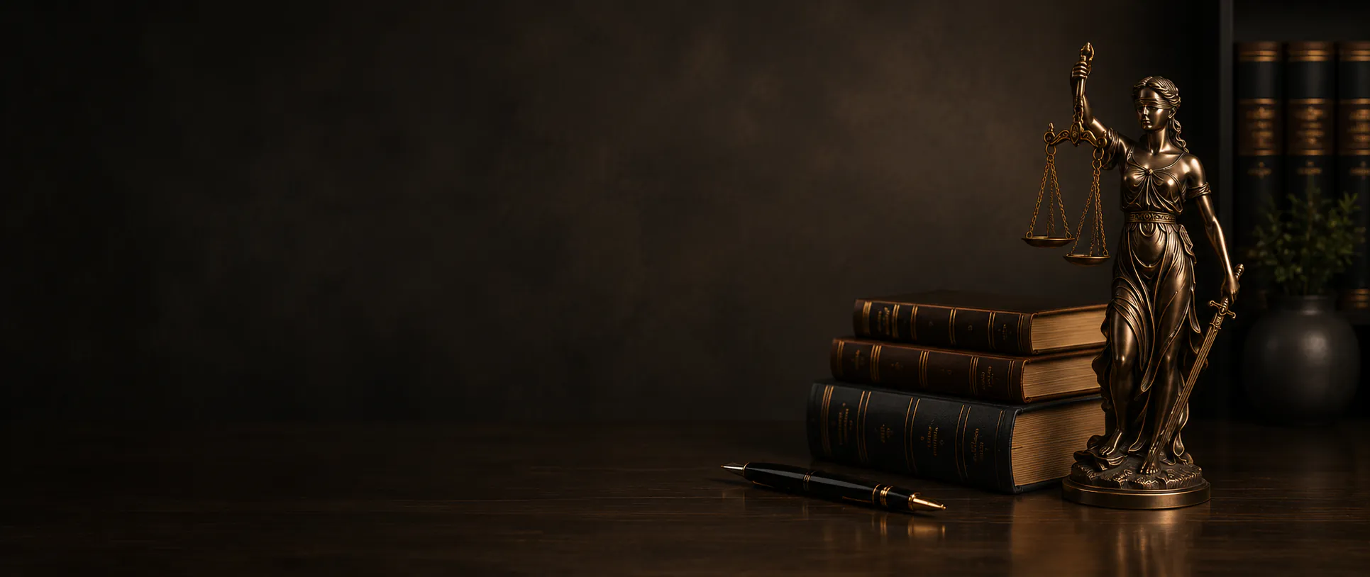 Lady Justice, books and a pen on a desk