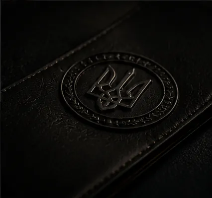 An embossed emblem on a leather cover