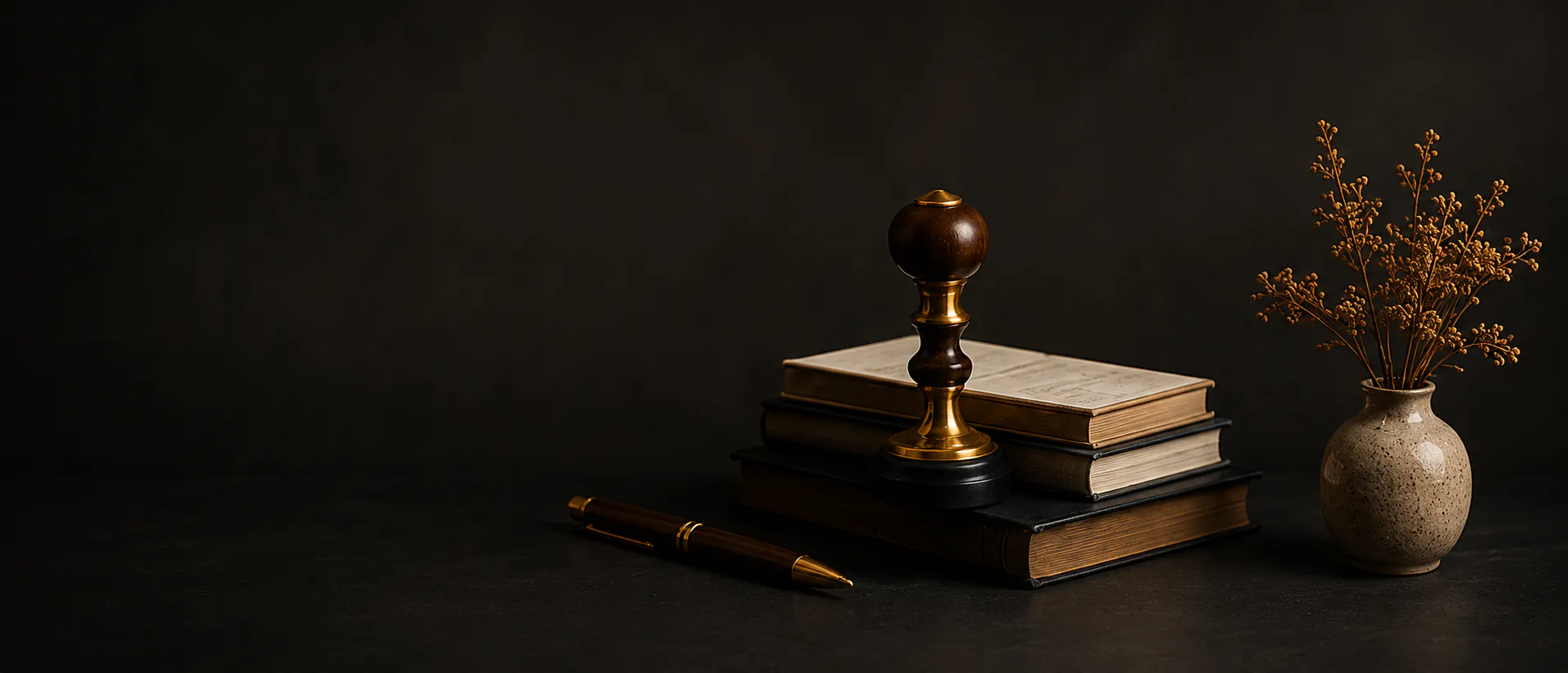 A notarial stamp, books and a pen on a desk