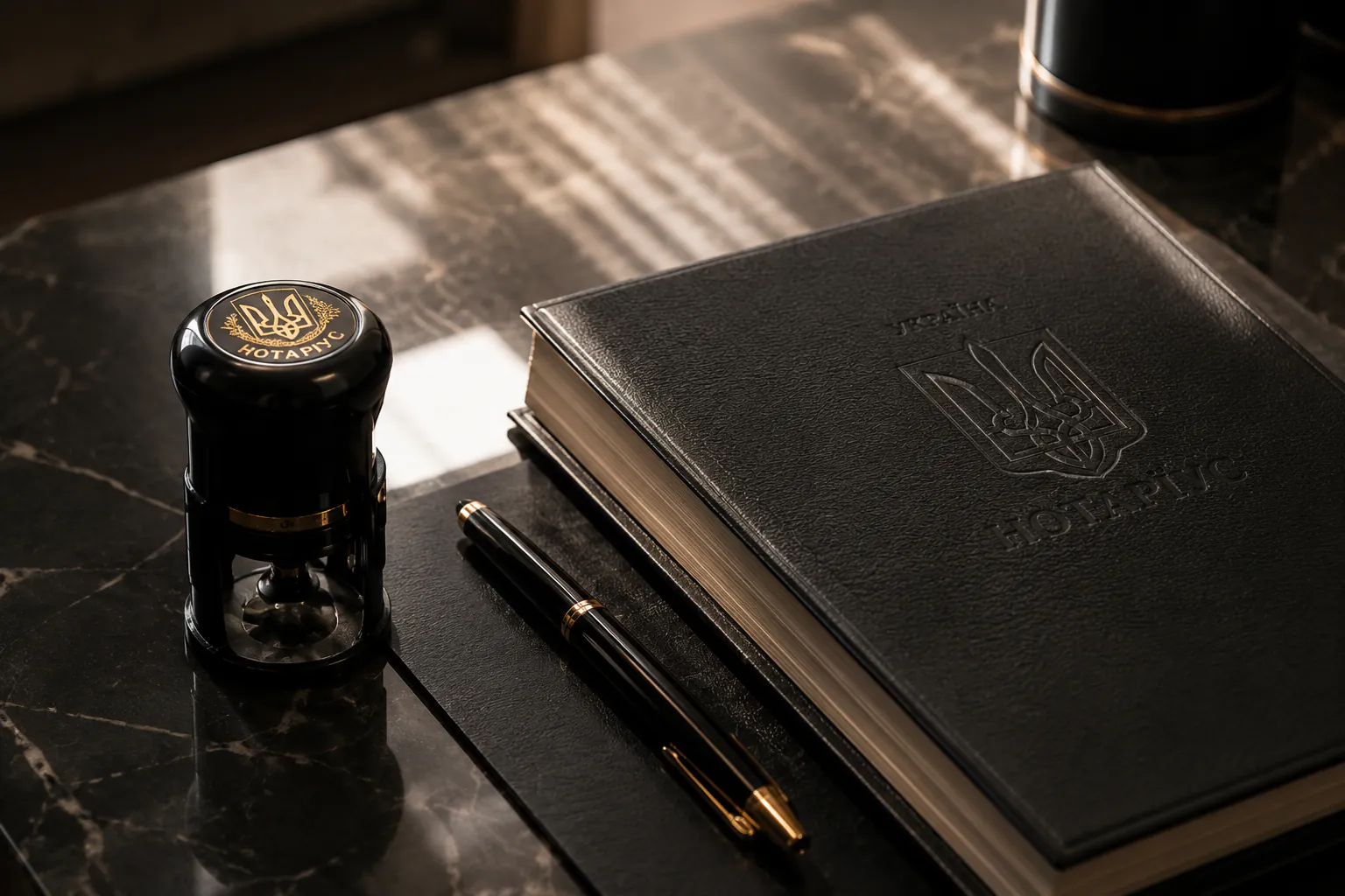 A notarial seal, pen and book on a desk