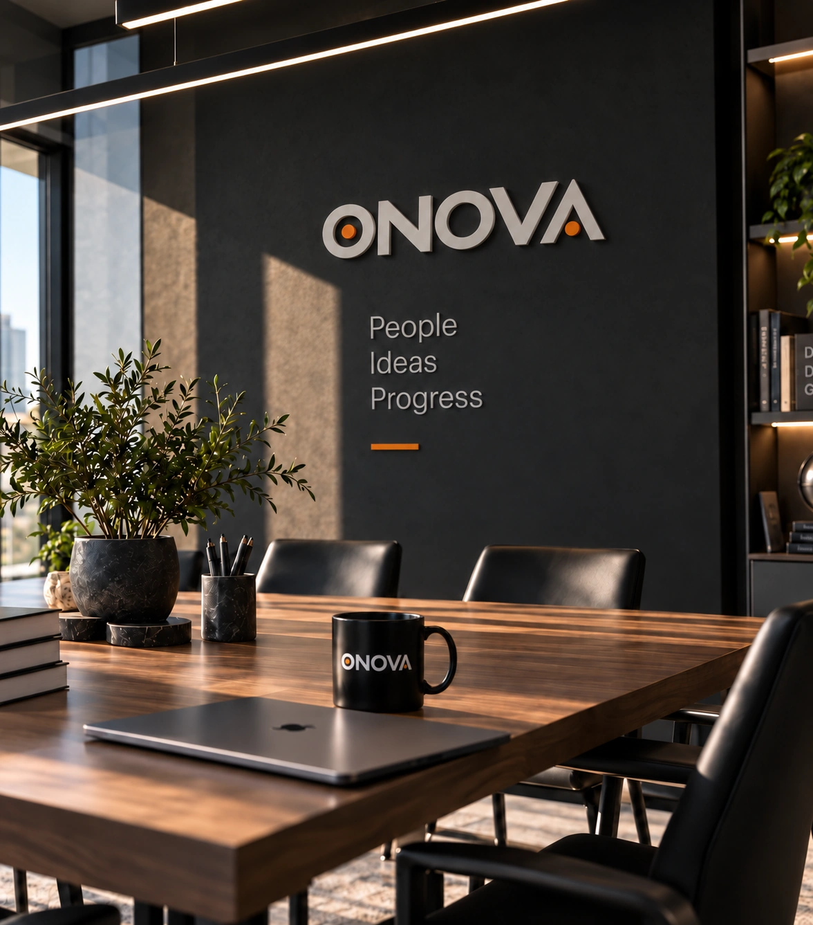 Візуалізація простору ONOVA: тепле світло, робочий стіл, ноутбук і напис People. Ideas. Progress.